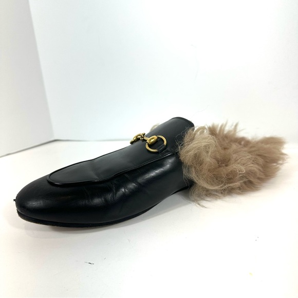 Gucci Princeton Black Leather Fur Horsebit Gold Detail Slip On Mules 39.5 US 9.5 - Picture 14 of 15